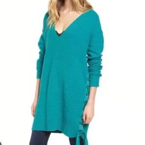 FREE PEOPLE Heart It Laces Oversized Cotton Blend V-Neck Long Soft Sweater